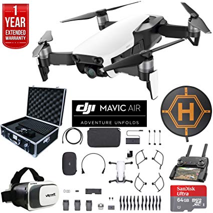 DJI Mavic Air Fly More Combo Drone Combo 4K Wi-Fi Quadcopter with Remote Deluxe Fly Bundle with Hard Case VR Goggles Landing Pad 64GB microSDXC Card and 1 Year Warranty Extension (Arctic White)