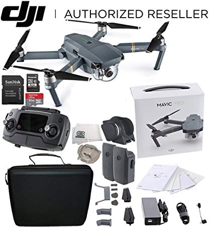 DJI Mavic Pro Collapsible Quadcopter Drone Essentials Travel Bundle w/ Manufacturer's Accessories + Intelligent Flight Battery, Carry Case, SanDisk 32 GB Card, USB-C Cable, Cleaning Cloth