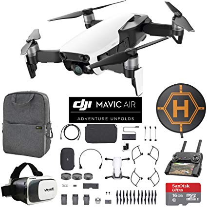 DJI Mavic Air Fly More Combo (Arctic White) Drone Combo 4K Wi-Fi Quadcopter with Remote Controller Mobile Go Bundle with Backpack VR Goggles Landing Pad 16GB microSDHC Card HD Filter Kit