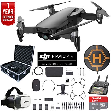 DJI Mavic Air Fly More Combo Drone Combo 4K Wi-Fi Quadcopter with Remote Deluxe Fly Bundle with Hard Case VR Goggles Landing Pad 64GB microSDXC Card and 1 Year Warranty Extension (Onyx Black)