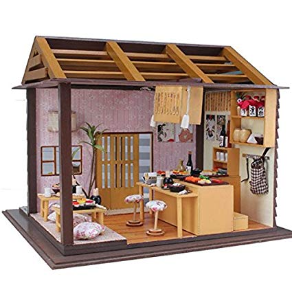 New Hoomeda DIY Wood Dollhouse Miniature With LED+Furniture+Cover Sushi Bar By KTOY