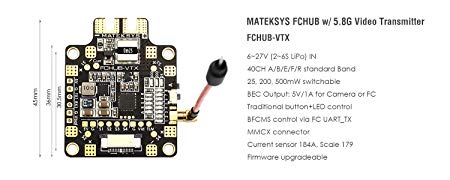 Matek Systems FCHUB-VTX 6~27V PDB 5V/1A BEC w/ 5.8G 40CH 25/200/500mW Switchable VTX Video Transmitter for Carbon Fiber Quad Frame FPV Racing Quadcopter