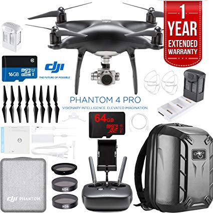 DJI Phantom 4 Pro Quadcopter Drone Camera (Obsidian) with Battery, Charging Hub, Custom Backpack and 64GB Memory Card Bundle (Dual Battery Back Pack Bundle)