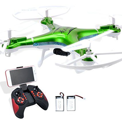 Quadcopter Drone with Camera Live Video, Drones FPV 1080P HD WIFI Camera with Remote Control, FREE Extra Battery and Quadcopters Crash Replacement Kit with LED lights, Easy Use for Beginners Kids GRN