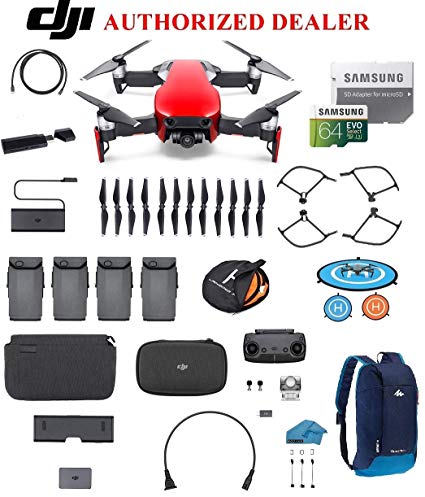 DJI Mavic Air Fly More Combo Drone - Quadcopter with 64gb SD Card - 4K Professional Camera Gimbal – 4 Battery Bundle - Kit - with Must Have Accessories (Flaming Red)