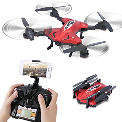 Dwi Dowellin Folding Drone With Camera 720P Live Video WIFI FPV Altitude Hold 2.4G 4CH 6Axis RC Quadcopter Flight Plan Route Setting TK110HW Red