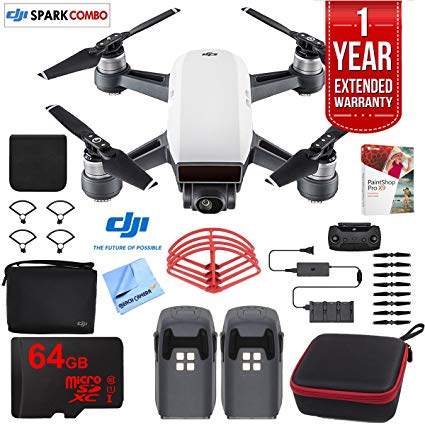 DJI SPARK Fly More Drone Combo (Alpine White) With Custom Hard Case, 64GB High Speed Card, Corel PaintShop Pro X9, High Visibility Pro Guards, Cleaning Cloth, and One Year Warranty Extension