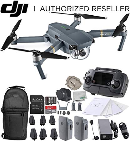 DJI Mavic Pro Collapsible Quadcopter Drone Essentials Backpack Bundle w/ Manufacturer's Accessories + Intelligent Flight Battery + Customizable Bag + 32 GB UHS-I Card + USB-C Cable + Cleaning Cloth