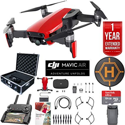 DJI Mavic Air Drone Combo with Remote Controller Extended Fly Bundle with Hard Case , Dual Battery , Landing Pad , Corel Photo Pro , 64GB High Speed Card and 1 Year Warranty Extension  (Flame Red)