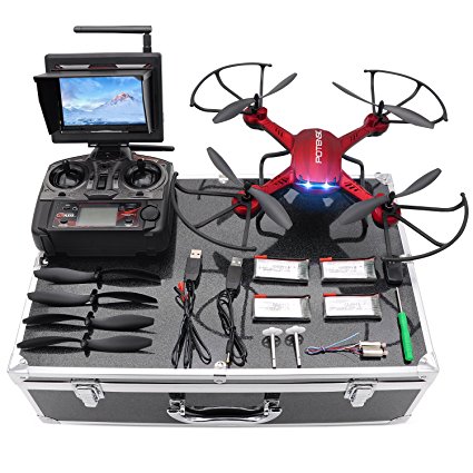 Drone with HD Camera, Potensic F181DH RC Drone Quadcopter RTF Altitude Hold UFO with Stepless-speed Function, 2MP Camera& 5.8Ghz FPV LCD Screen Monitor & Drone Carrying Case - Red